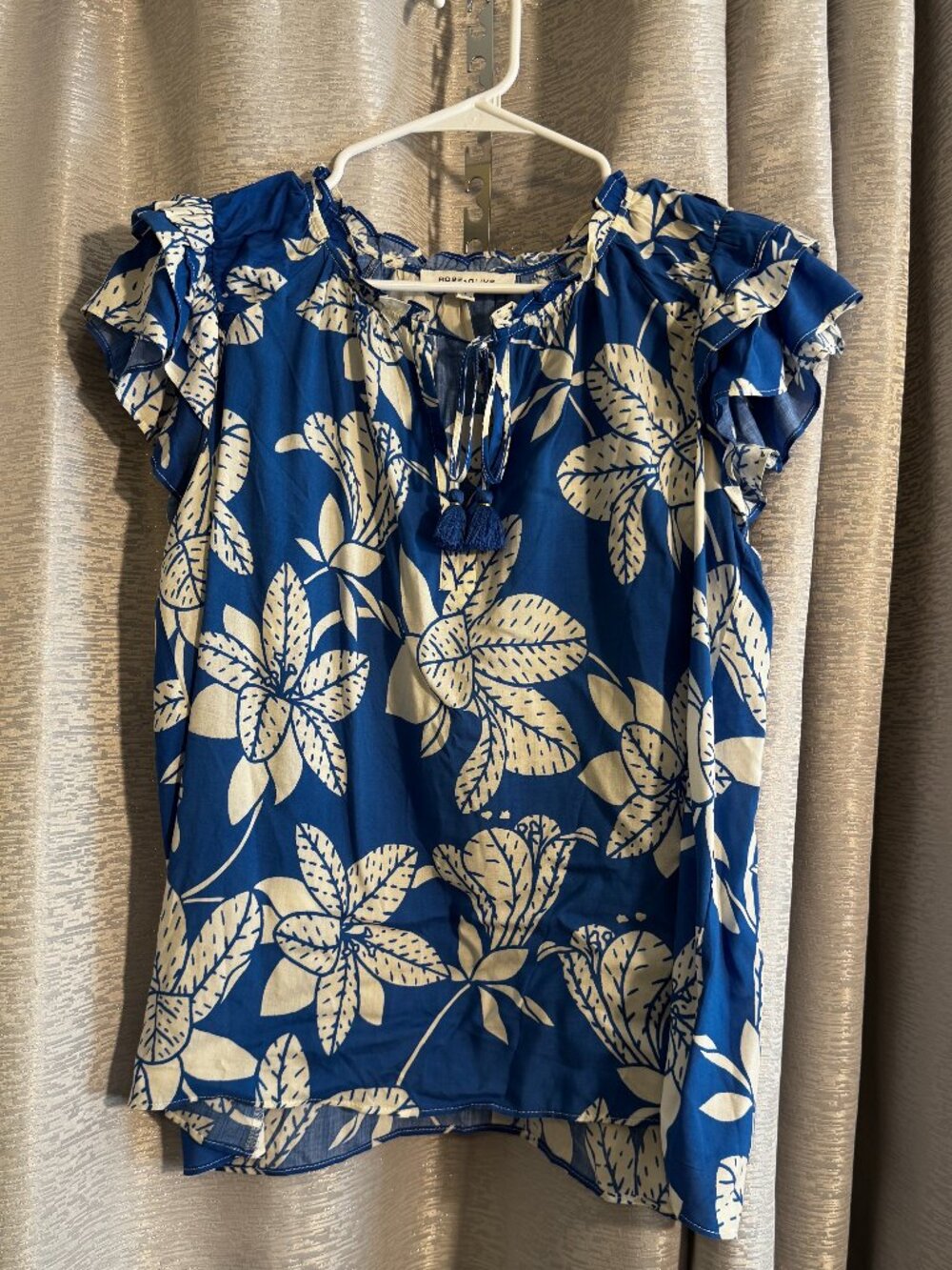 Rose + Olive Blue Floral Top Tassel Tie Neck Ruffle Sleeve Blouse Size S